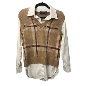 Rachel Zoe Brown Plaid Attached Shirt Knit Sweater Vest
